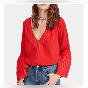 Free People Red Lace Trim Blouse